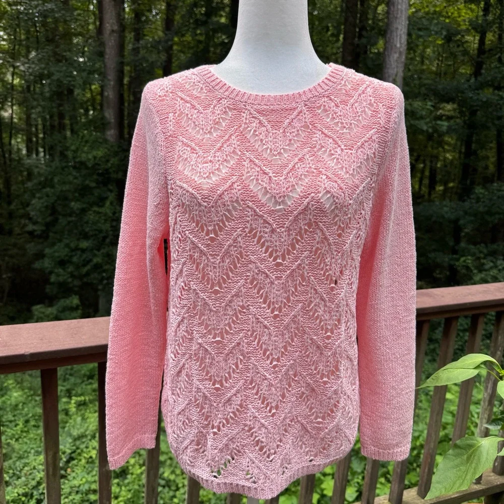 Talbots Scallop Pink Pointelle Crewneck Sweater LP Cotton Blend - Picture 4 of 16